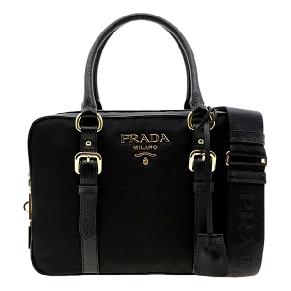 Prada Bauletto Tessuto Nylon Saffiano Black Satchel Bag Gold Lock in Black, authentic new handbag, image 1