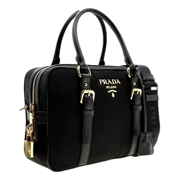 Prada Bauletto Tessuto Nylon Saffiano Black Satchel Bag Gold Lock in Black, authentic new handbag, image 2