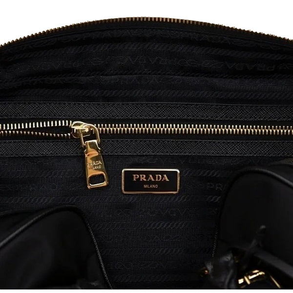 Prada Bauletto Tessuto Nylon Saffiano Black Satchel Bag Gold Lock in Black, authentic new handbag, image 6