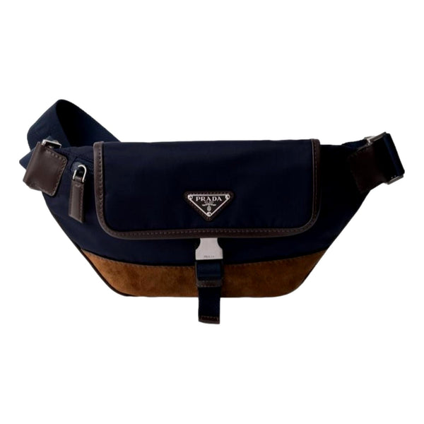 Prada Re-Nylon and Suede Belt Bag in Navy Blue with Brown Suede and Leather Trim in Navy Blue and Brown, authentic new handba