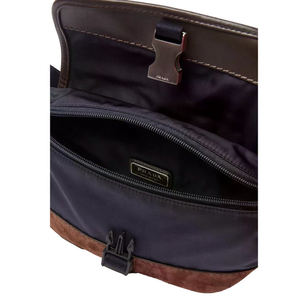 Prada Re-Nylon and Suede Belt Bag in Navy Blue with Brown Suede and Leather Trim in Navy Blue and Brown, authentic new handba