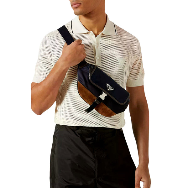 Prada Re-Nylon and Suede Belt Bag in Navy Blue with Brown Suede and Leather Trim in Navy Blue and Brown, authentic new handba