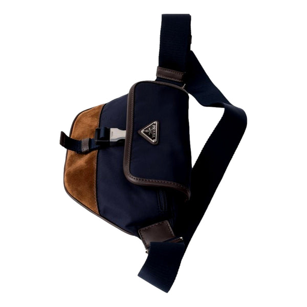 Prada Re-Nylon and Suede Belt Bag in Navy Blue with Brown Suede and Leather Trim in Navy Blue and Brown, authentic new handba