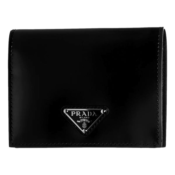 Prada Black Polished Leather Bifold Card Holder Wallet with Triangle Logo in Black, authentic new wallet, image 1