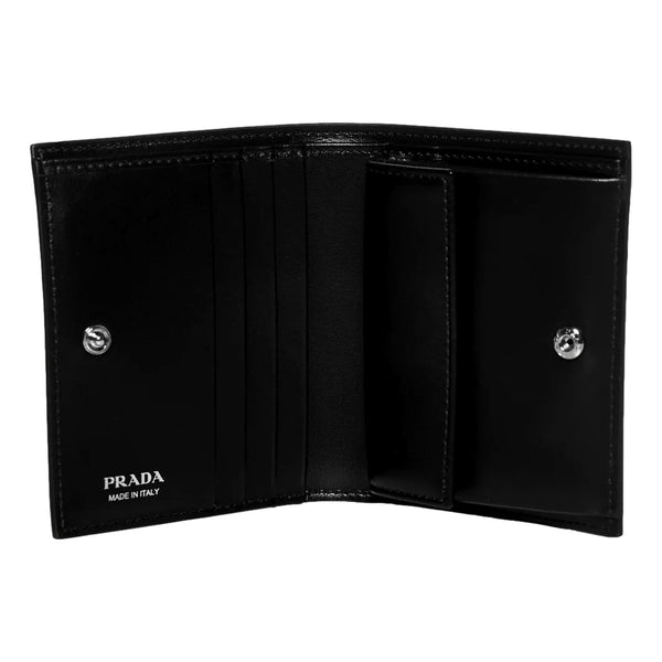 Prada Black Polished Leather Bifold Card Holder Wallet with Triangle Logo in Black, authentic new wallet, image 2