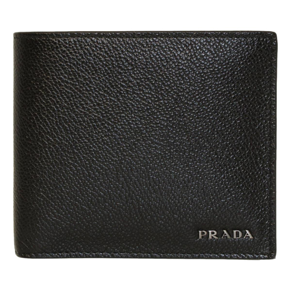Prada Vitello Micro Grain Leather Bifold Wallet Black Silver Hardware in Black, authentic new wallet, image 1