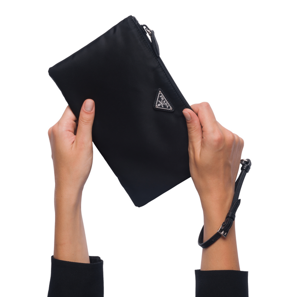 Prada Tessuto Nylon Black Triangle Logo Wristlet Clutch Pouch Bag in Black, authentic new handbag, image 8