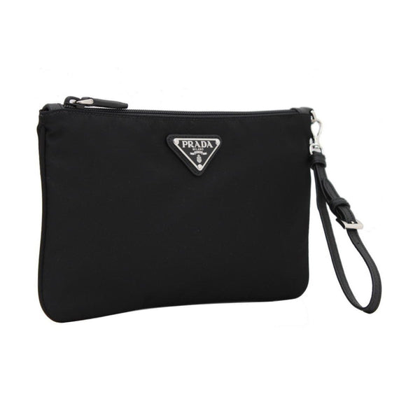 Prada Tessuto Nylon Black Triangle Logo Wristlet Clutch Pouch Bag in Black, authentic new handbag, image 2