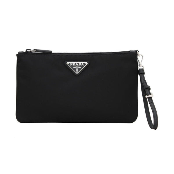 Prada Tessuto Nylon Black Triangle Logo Wristlet Clutch Pouch Bag in Black, authentic new handbag, image 1
