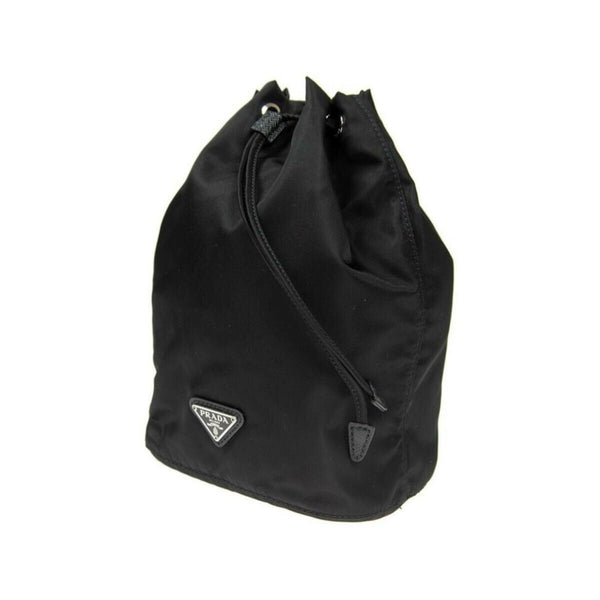 Prada Black Tessuto Nylon Triangle Logo Drawstring Bucket Bag in Black, authentic new handbag, image 2