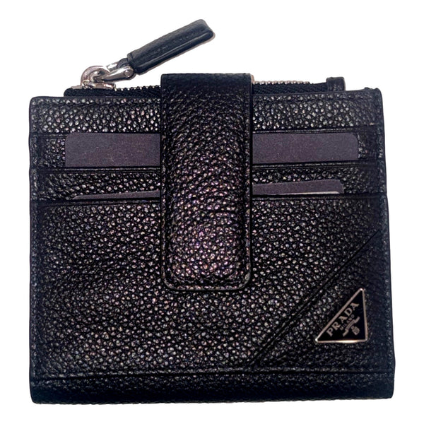 Prada Black Vitello Grain Leather Card Case Bifold Wallet with Zipper Coin Pouch in Black, authentic new wallet, image 1