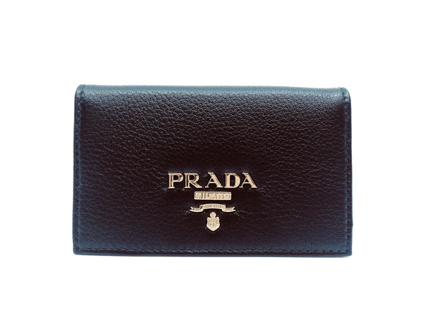 Prada Black Vitello Grain Soft Calf Leather Credit Card Case Wallet in Black, authentic new wallet, image 1