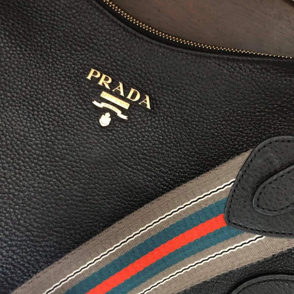 Prada Black Vitello Phenix Leather Web Stripe Strap Crossbody in Black, authentic new handbag, image 7