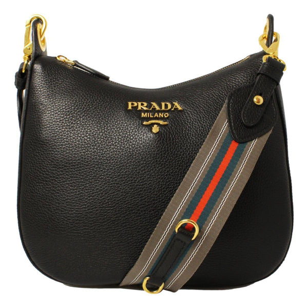 Prada Black Vitello Phenix Leather Web Stripe Strap Crossbody in Black, authentic new handbag, image 1
