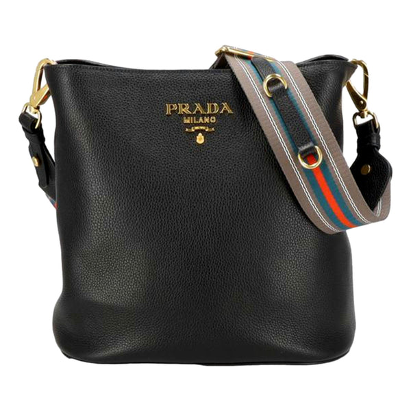 Prada Vitello Phenix Black Leather Web Strap Crossbody Bucket Bag in Beige, authentic new handbag, image 1