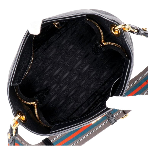Prada Vitello Phenix Black Leather Web Strap Crossbody Bucket Bag in Beige, authentic new handbag, image 5