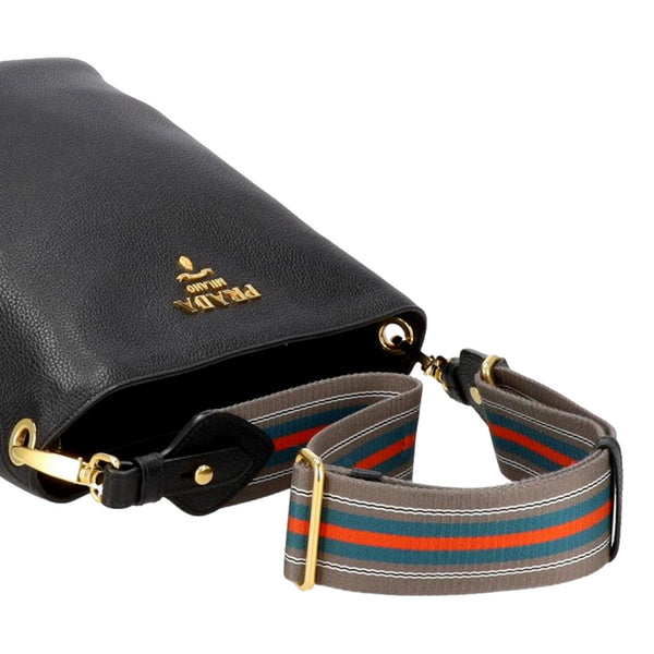Prada Vitello Phenix Black Leather Web Strap Crossbody Bucket Bag in Beige, authentic new handbag, image 6