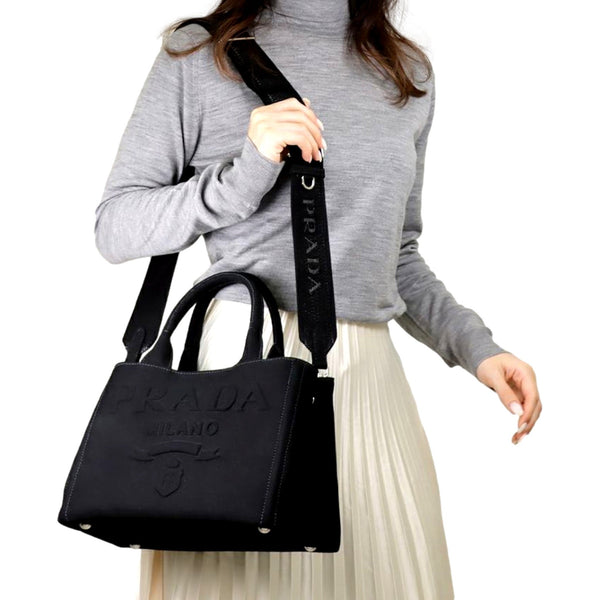 Prada Canapa Black Canvas Logo Tote Handbag Medium in Black, authentic new handbag, image 7