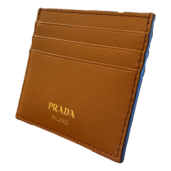 Prada Caramel Soft Grain Leather Gold Embossed Logo Card Holder Wallet in Caramel, authentic new wallet, image 2