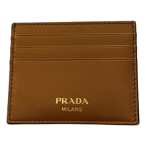 Prada Caramel Soft Grain Leather Gold Embossed Logo Card Holder Wallet in Caramel, authentic new wallet, image 1