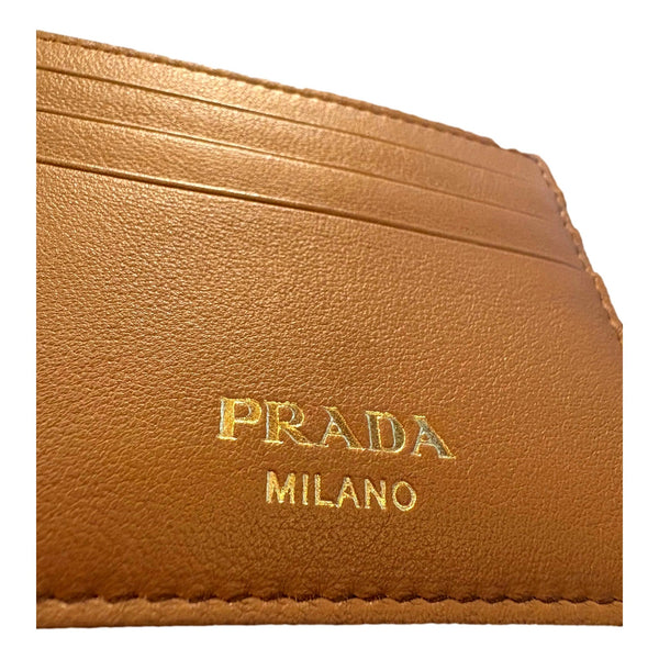 Prada Caramel Soft Grain Leather Gold Embossed Logo Card Holder Wallet in Caramel, authentic new wallet, image 4