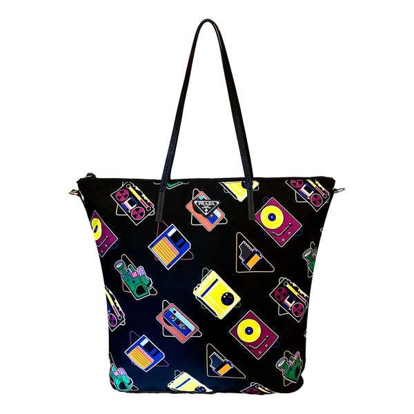 Prada Cassette Print Black Nylon Convertible Tote Shoulder Bag in Black with Multicolor Cassette Print, authentic new handbag
