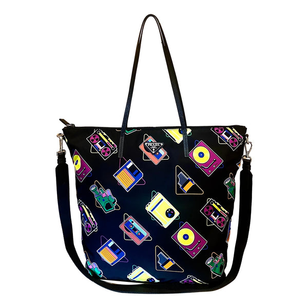 Prada Cassette Print Black Nylon Convertible Tote Shoulder Bag in Black with Multicolor Cassette Print, authentic new handbag