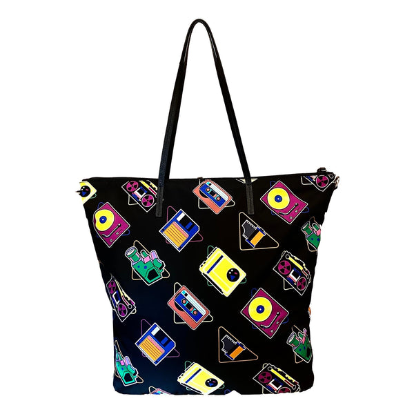 Prada Cassette Print Black Nylon Convertible Tote Shoulder Bag in Black with Multicolor Cassette Print, authentic new handbag