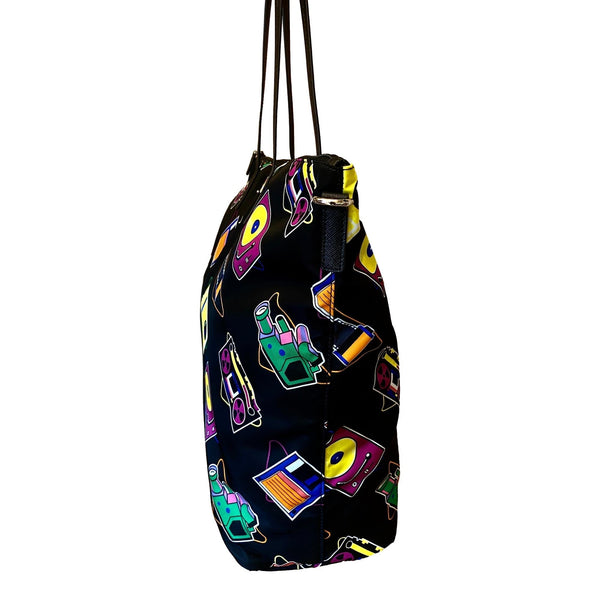 Prada Cassette Print Black Nylon Convertible Tote Shoulder Bag in Black with Multicolor Cassette Print, authentic new handbag