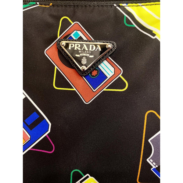Prada Cassette Print Black Nylon Convertible Tote Shoulder Bag in Black with Multicolor Cassette Print, authentic new handbag