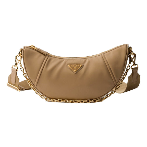 Prada Demi Lune Re-Nylon Crescent Shoulder Bag in Beige in Beige, authentic new handbag, image 1