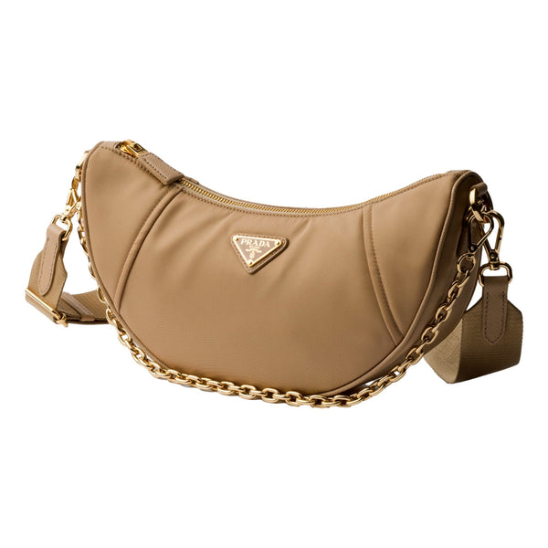 Prada Demi Lune Re-Nylon Crescent Shoulder Bag in Beige in Beige, authentic new handbag, image 2