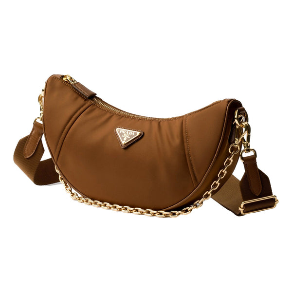 Prada Demi Lune Re-Nylon Crescent Shoulder Bag in Brown in Brown, authentic new handbag, image 2