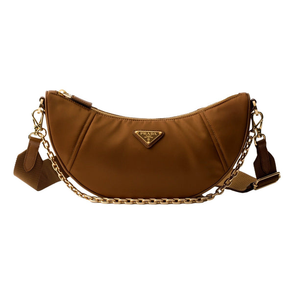 Prada Demi Lune Re-Nylon Crescent Shoulder Bag in Brown in Brown, authentic new handbag, image 1