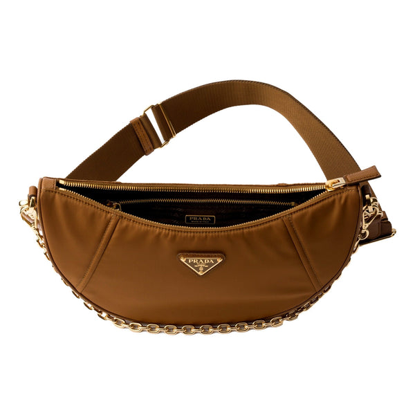 Prada Demi Lune Re-Nylon Crescent Shoulder Bag in Brown in Brown, authentic new handbag, image 4