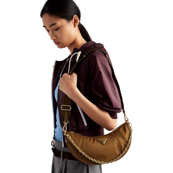 Prada Demi Lune Re-Nylon Crescent Shoulder Bag in Brown in Brown, authentic new handbag, image 7