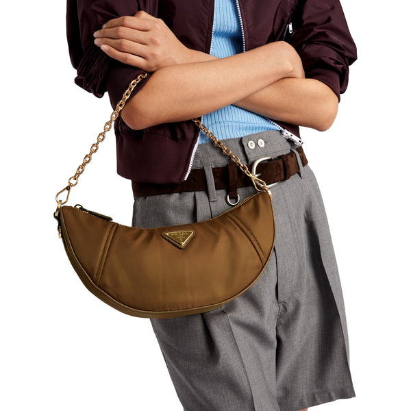 Prada Demi Lune Re-Nylon Crescent Shoulder Bag in Brown in Brown, authentic new handbag, image 6