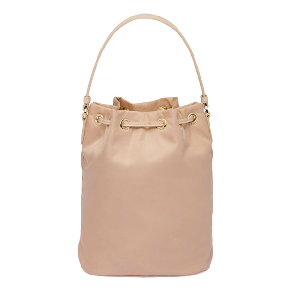 Prada Duet Tessuto Nylon and Ostrich Leather Bucket Bag in Cammeo Beige in Beige, authentic new handbag, image 2