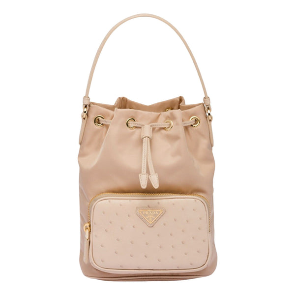 Prada Duet Tessuto Nylon and Ostrich Leather Bucket Bag in Cammeo Beige in Beige, authentic new handbag, image 1