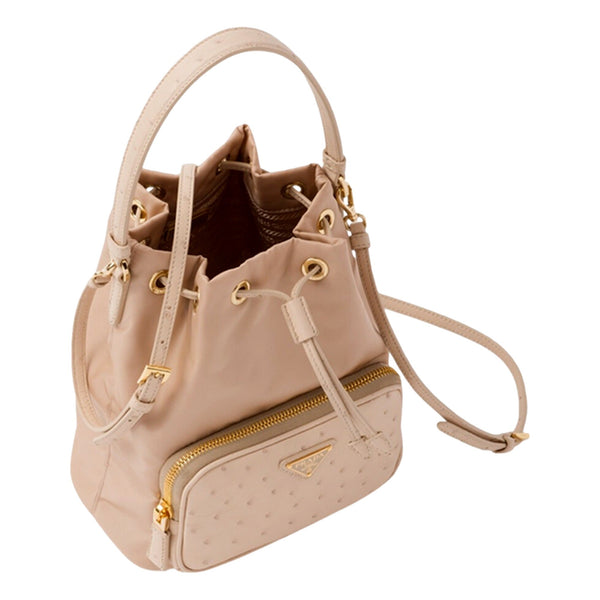 Prada Duet Tessuto Nylon and Ostrich Leather Bucket Bag in Cammeo Beige in Beige, authentic new handbag, image 3