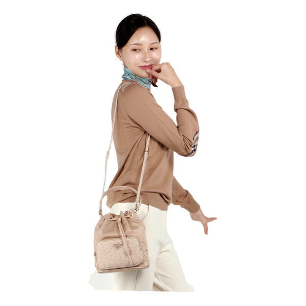 Prada Duet Tessuto Nylon and Ostrich Leather Bucket Bag in Cammeo Beige in Beige, authentic new handbag, image 5