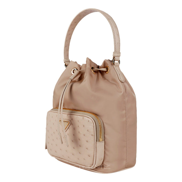 Prada Duet Tessuto Nylon and Ostrich Leather Bucket Bag in Cammeo Beige in Beige, authentic new handbag, image 4