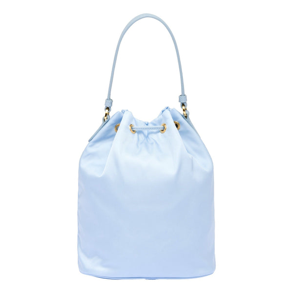 Prada Duet Tessuto Nylon Ostrich Leather Cielo Blue Bucket Bag in Blue, authentic new handbag, image 2