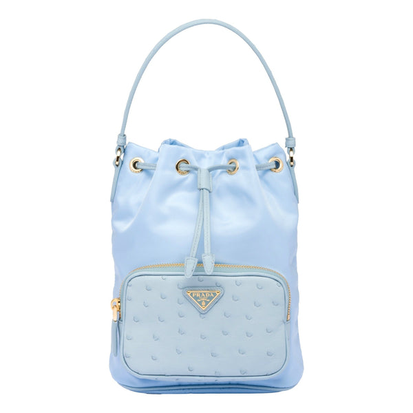 Prada Duet Tessuto Nylon Ostrich Leather Cielo Blue Bucket Bag in Blue, authentic new handbag, image 1