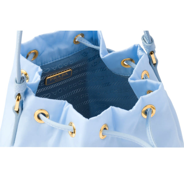Prada Duet Tessuto Nylon Ostrich Leather Cielo Blue Bucket Bag in Blue, authentic new handbag, image 3