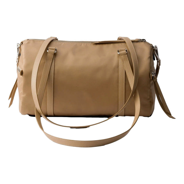 Prada Small Re-Nylon and Saffiano Leather Duffel Bag Camello Beige in Camello Beige, authentic new handbag, image 2