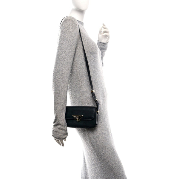 Prada Embleme Triangle Logo Soft Calfskin Crossbody Bag Black in Black, authentic new handbag, image 7
