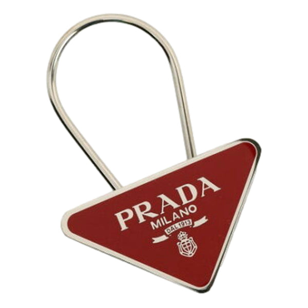 Prada Enameled Metal Key Ring Red and Gold Triangle Logo Purse Charm in Red and Gold, authentic new keychain, image 2