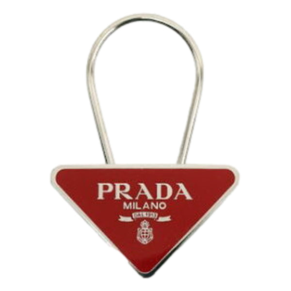 Prada Enameled Metal Key Ring Red and Gold Triangle Logo Purse Charm in Red and Gold, authentic new keychain, image 1