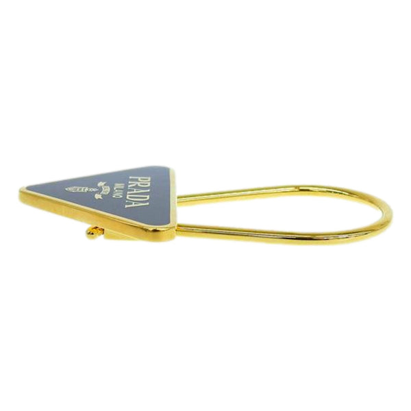 Prada Enameled Metal Logo Pin Key Ring Black and Gold Purse Charm in Black and Gold, authentic new keychain, image 4